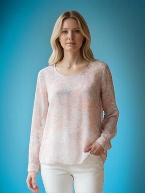 Rose & Olive Pale Pink Over White Sheer Floral-Print Long Sleeve Top  Sz L